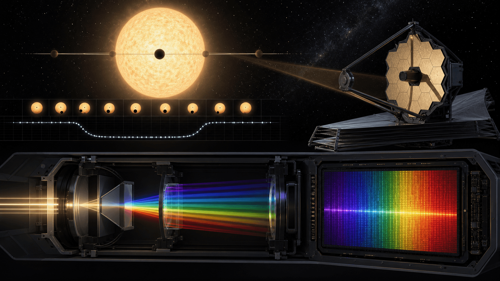 Ilustración editorial de un telescopio y un instrumento de espectroscopia que mide un tránsito