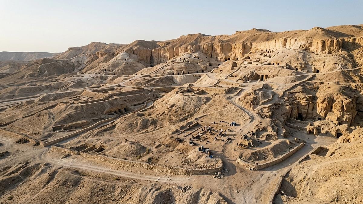 Panorámica de la necrópolis tebana en Luxor con colinas áridas, terrazas de excavación y una pequeña cuadrícula arqueológica en el paisaje