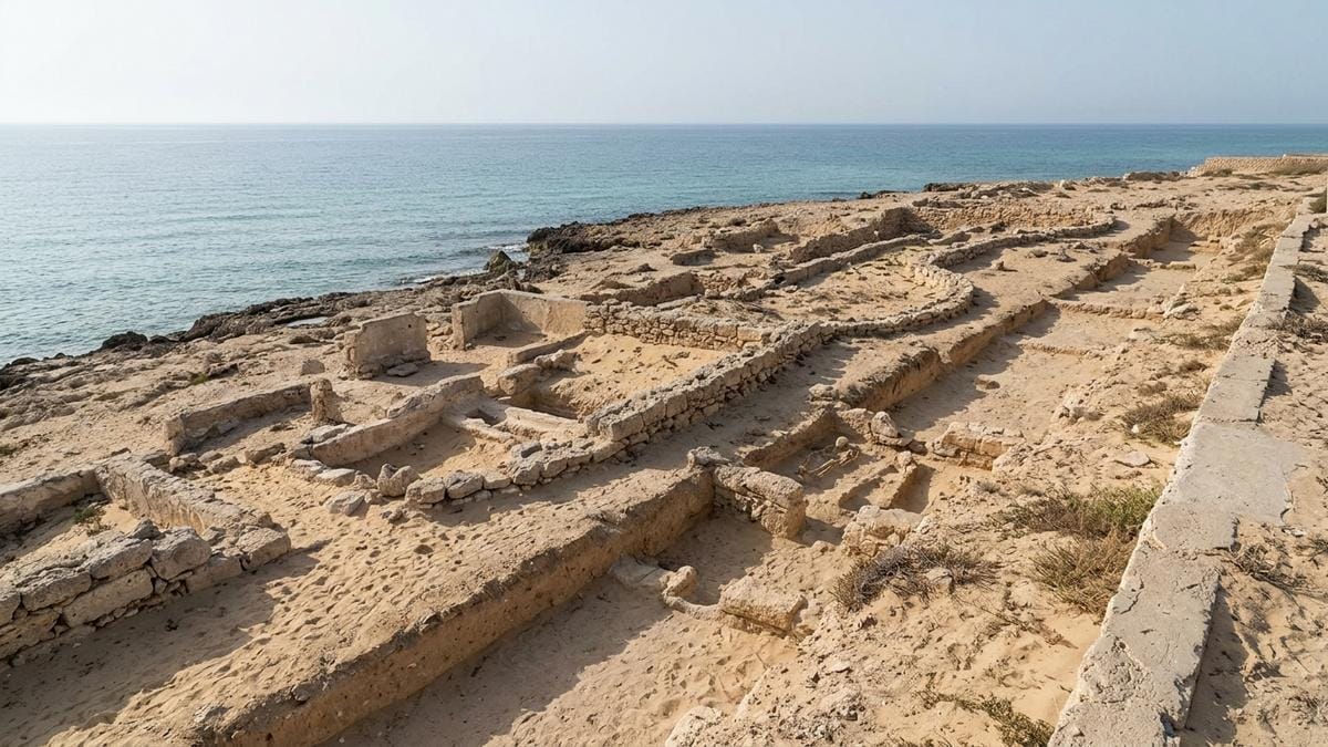 Vista lateral de un sector arqueológico costero en Marina el-Alamein con excavación parcial, estratos de arena y ruinas bajas junto al Mediterráneo.