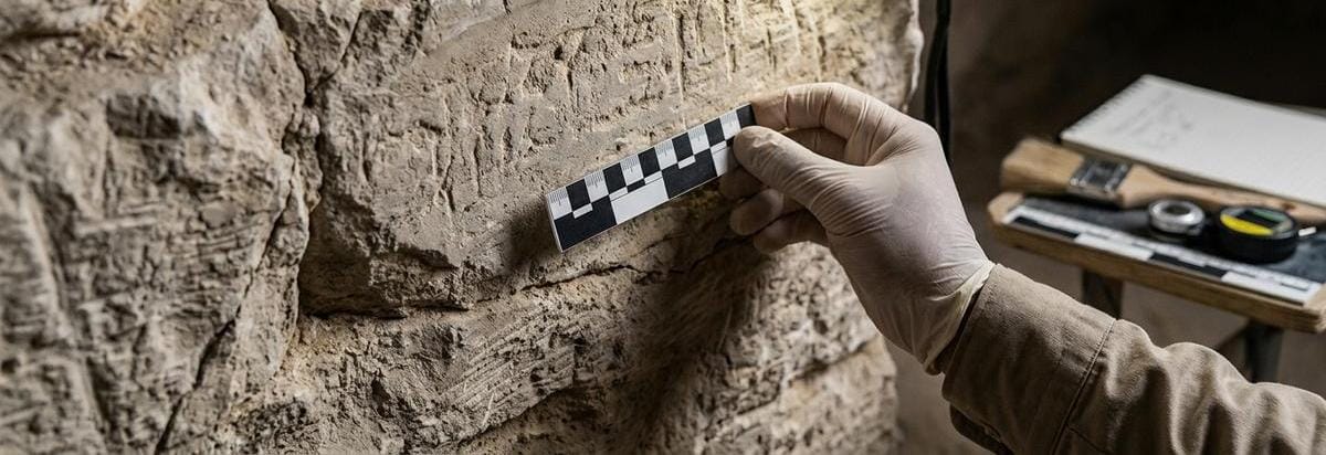 Detalle arqueológico de una pared de tumba en roca con estratos visibles, una inscripción erosionada apenas legible y una mano con guante midiendo la superficie con una regla de escala.
