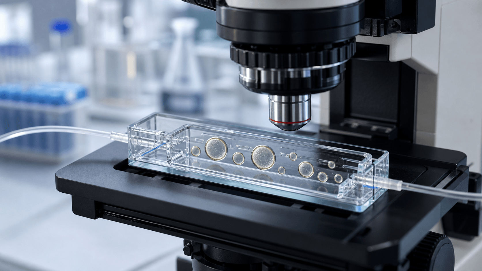 Ilustración editorial de vesículas en una cámara de laboratorio bajo un microscopio