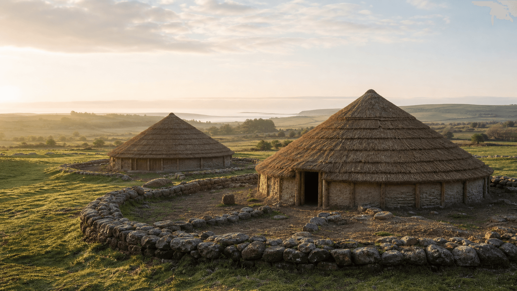 Recreación editorial de viviendas circulares de aspecto neolítico en un paisaje irlandés