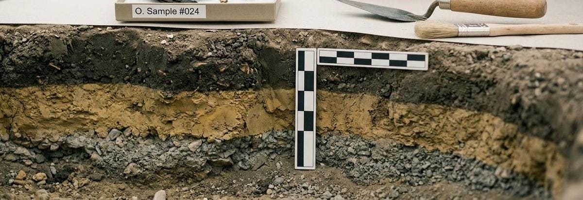 Primer plano de una muestra arqueológica y marcas sutiles de suelo con herramientas de medición junto a una libreta sin texto.
