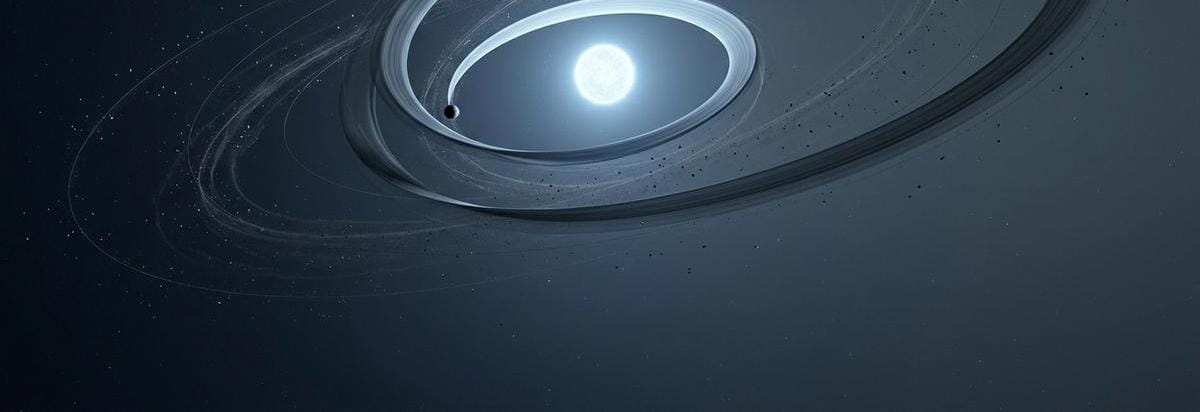 Visualización científica de una órbita extremadamente cerrada alrededor de una enana blanca, con trayectoria curva, remanentes de polvo y tensión gravitatoria.