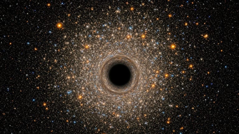 Representación editorial de Omega Centauri con su núcleo estelar denso y una región central sugerida como masa oscura.