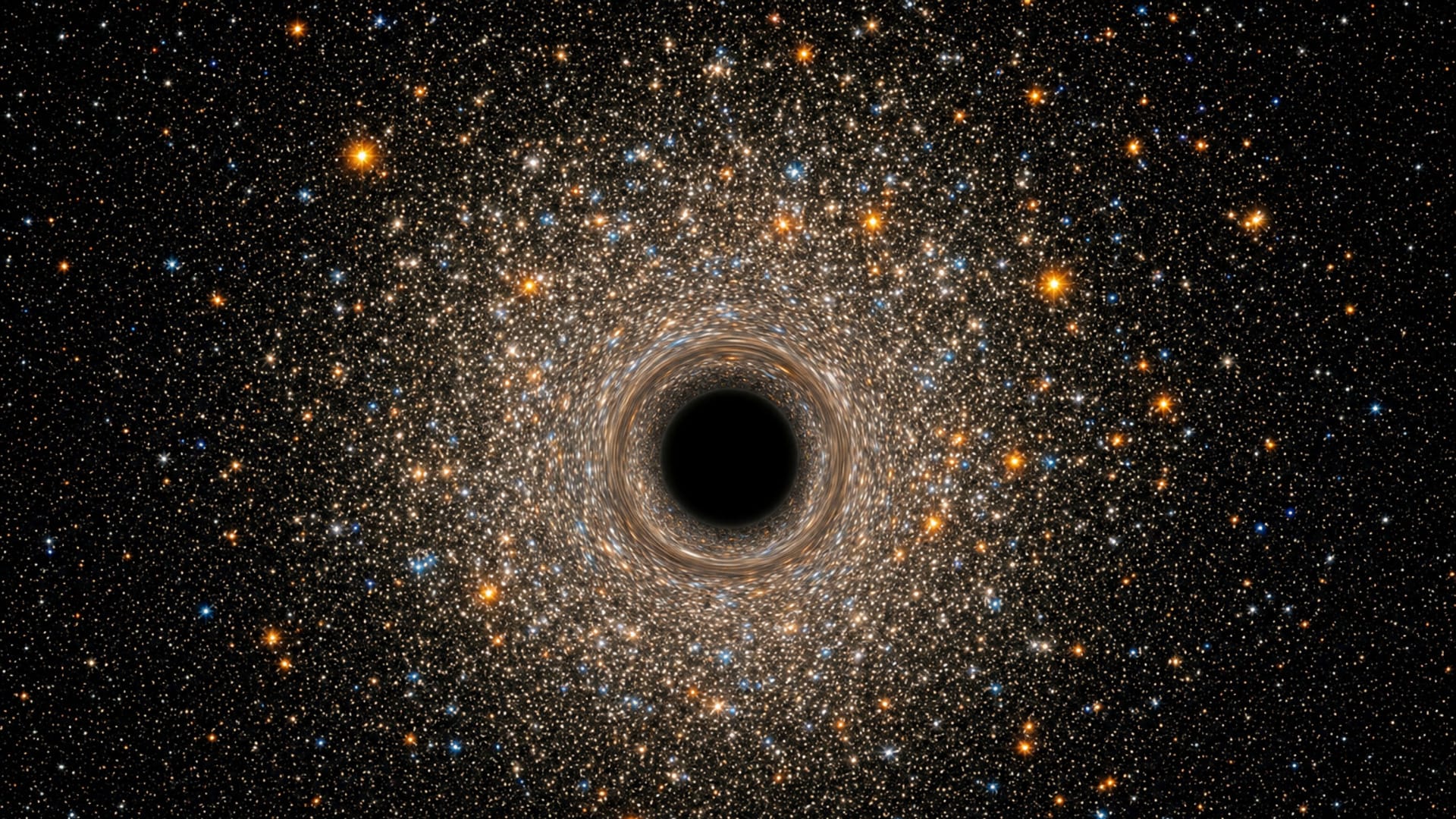 Representación editorial de Omega Centauri con su núcleo estelar denso y una región central sugerida como masa oscura.