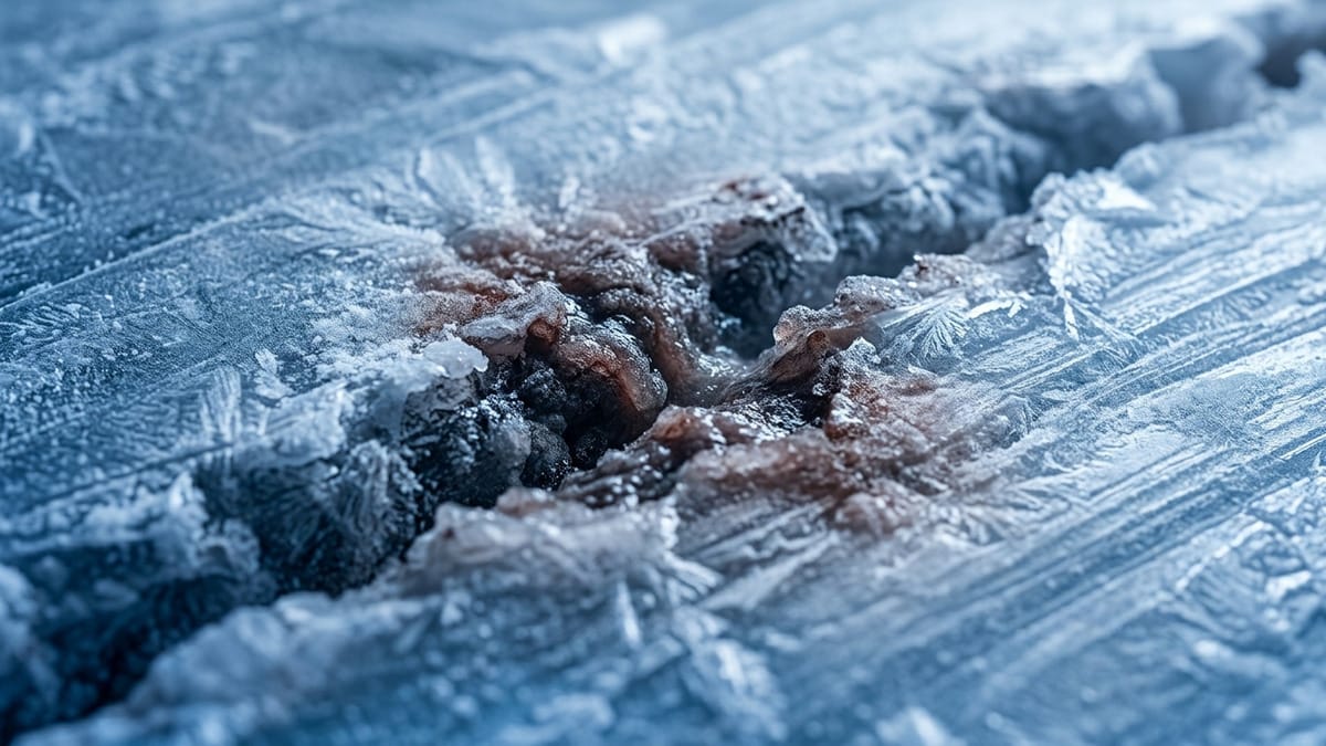 Detalle de hielo agrietado con material oscuro aflorando desde una fisura en Europa.
