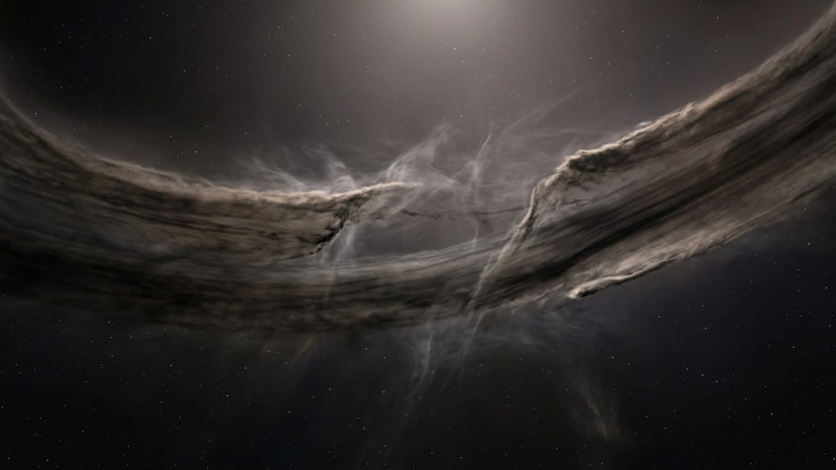 Detalle del disco de Beta Pictoris con un vacío y una deformación sutil compatibles con la influencia de un planeta.