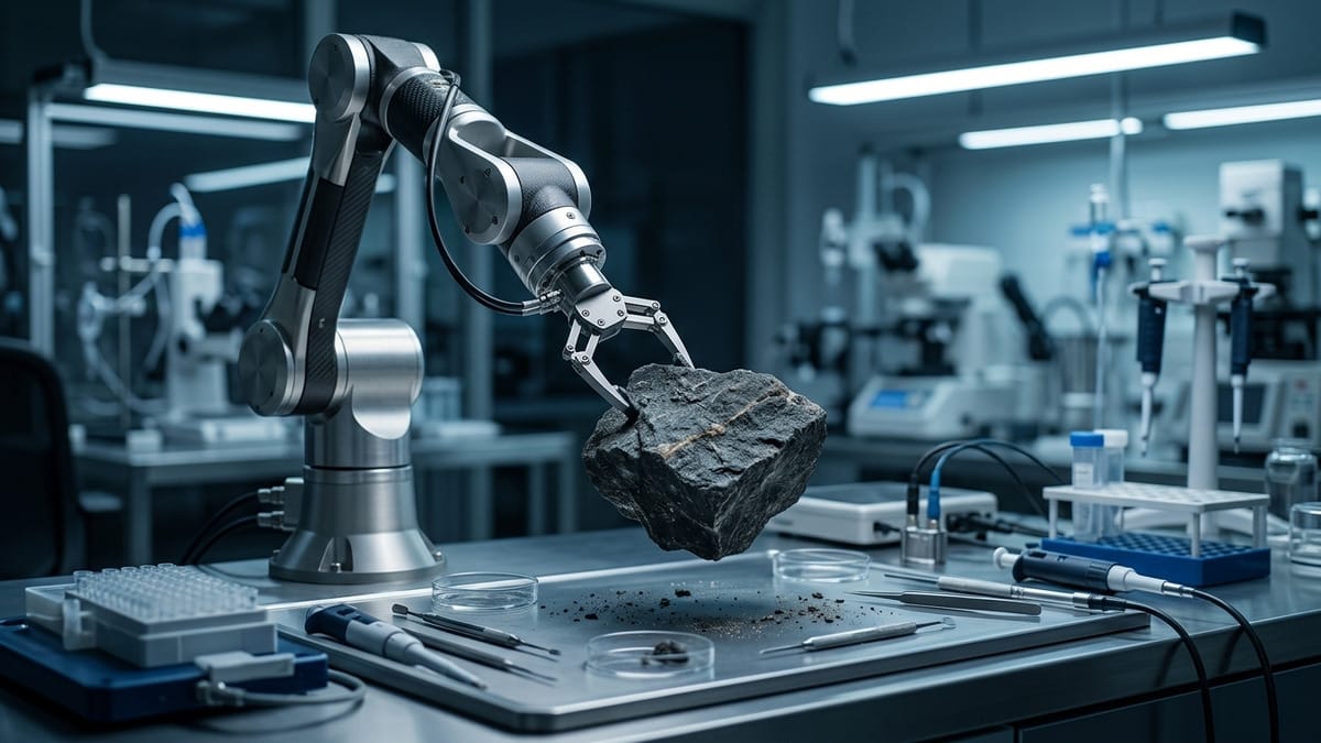 Brazo robótico de laboratorio analizando una muestra de roca antigua para estudiar una biofirma antigua.