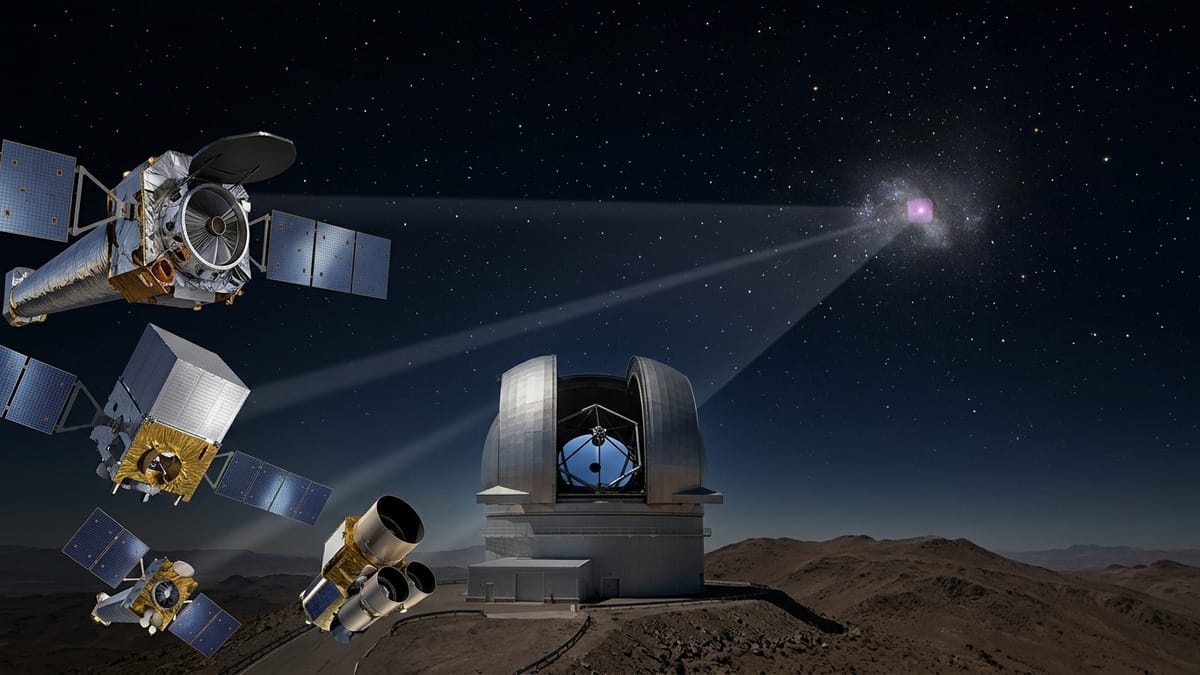 Ilustración editorial de GRB 230906A en una galaxia tenue situada dentro de una corriente de marea