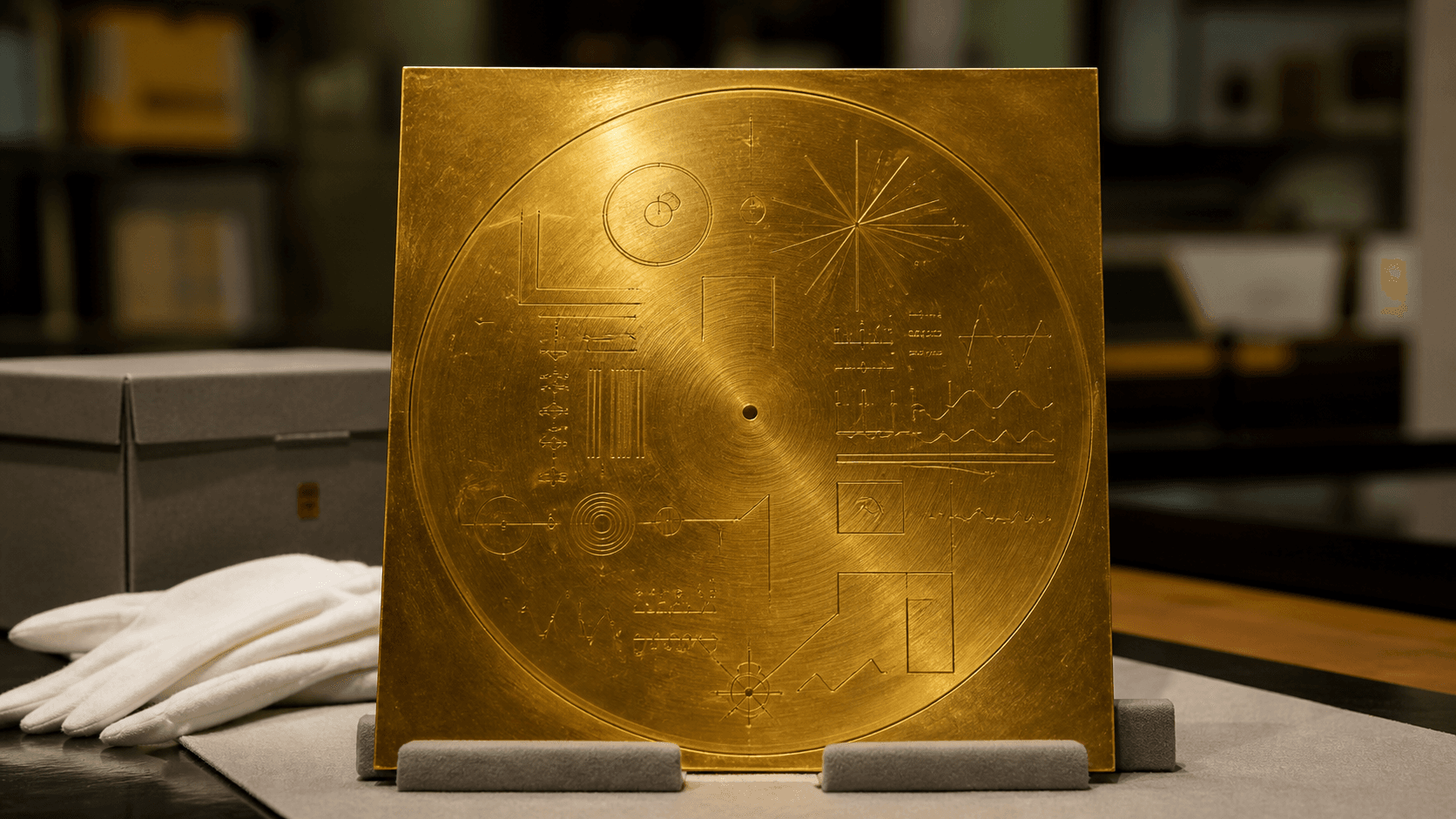 Ilustración editorial de símbolos inspirados en la cubierta del disco de oro