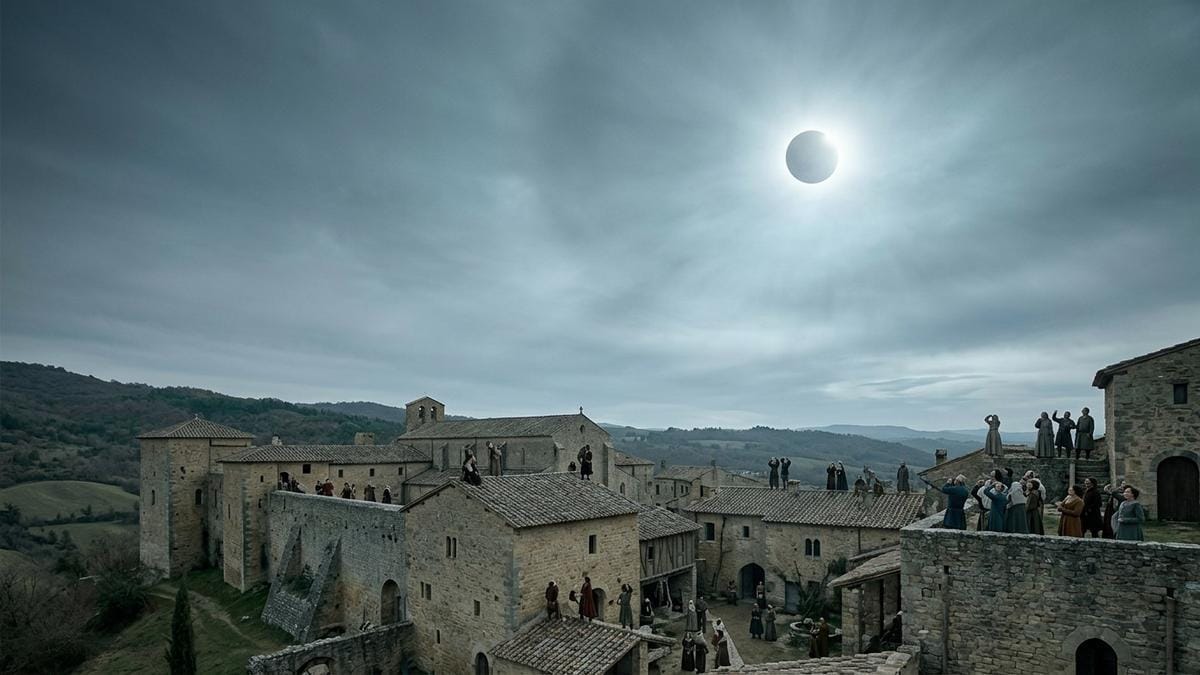 Una ciudad o monasterio medieval bajo una luz extraña durante un eclipse solar parcial.