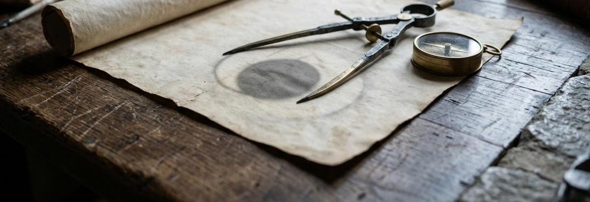 Un compás astronómico medieval junto a una sombra de eclipse sobre piedra.