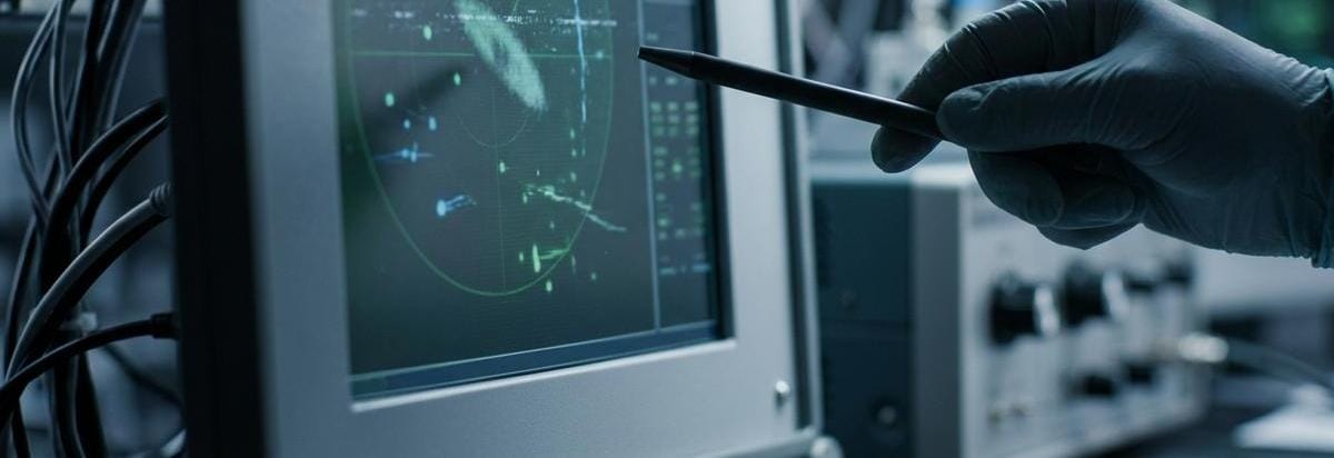 Detalle de una pantalla de radar o sensor con una señal ambigua y fragmentada, observada por una mano con gesto analítico