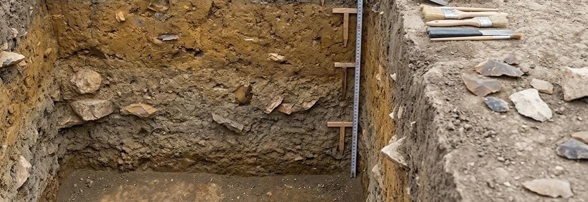 Detalle arqueológico de una cuadrícula de excavación con perfil estratigráfico, herramientas y marcas de análisis cerca de Göbekli Tepe