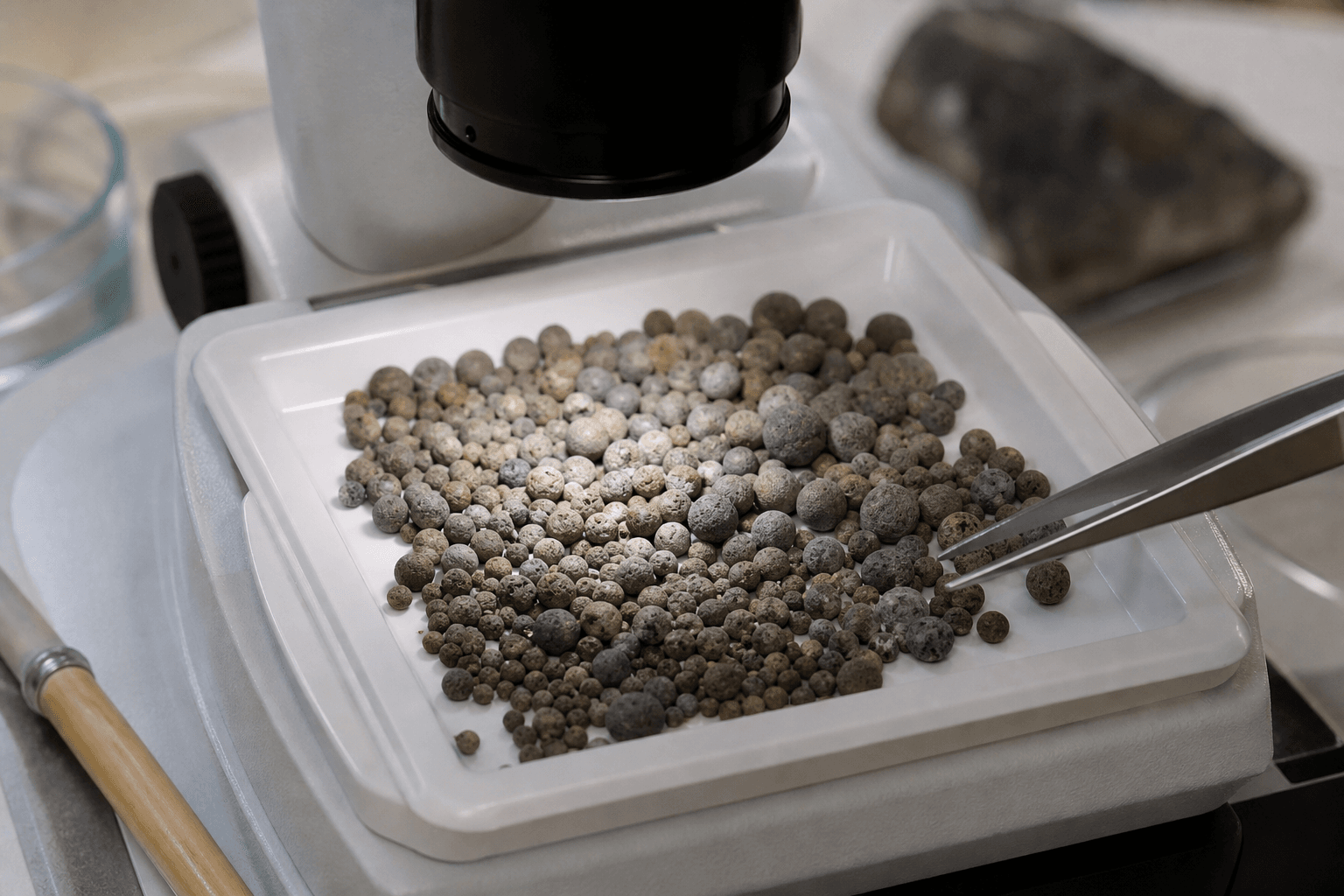 Ilustración editorial de pequeñas esferas minerales examinadas bajo un microscopio