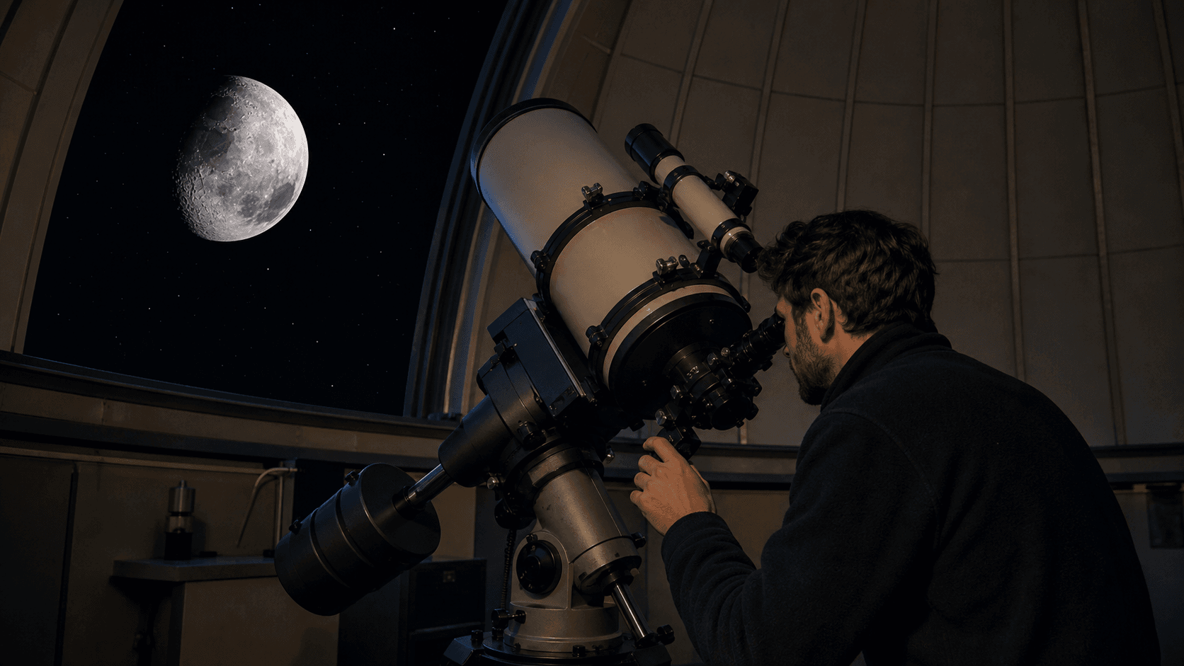 Ilustración editorial de una observación astronómica de la Luna con telescopio