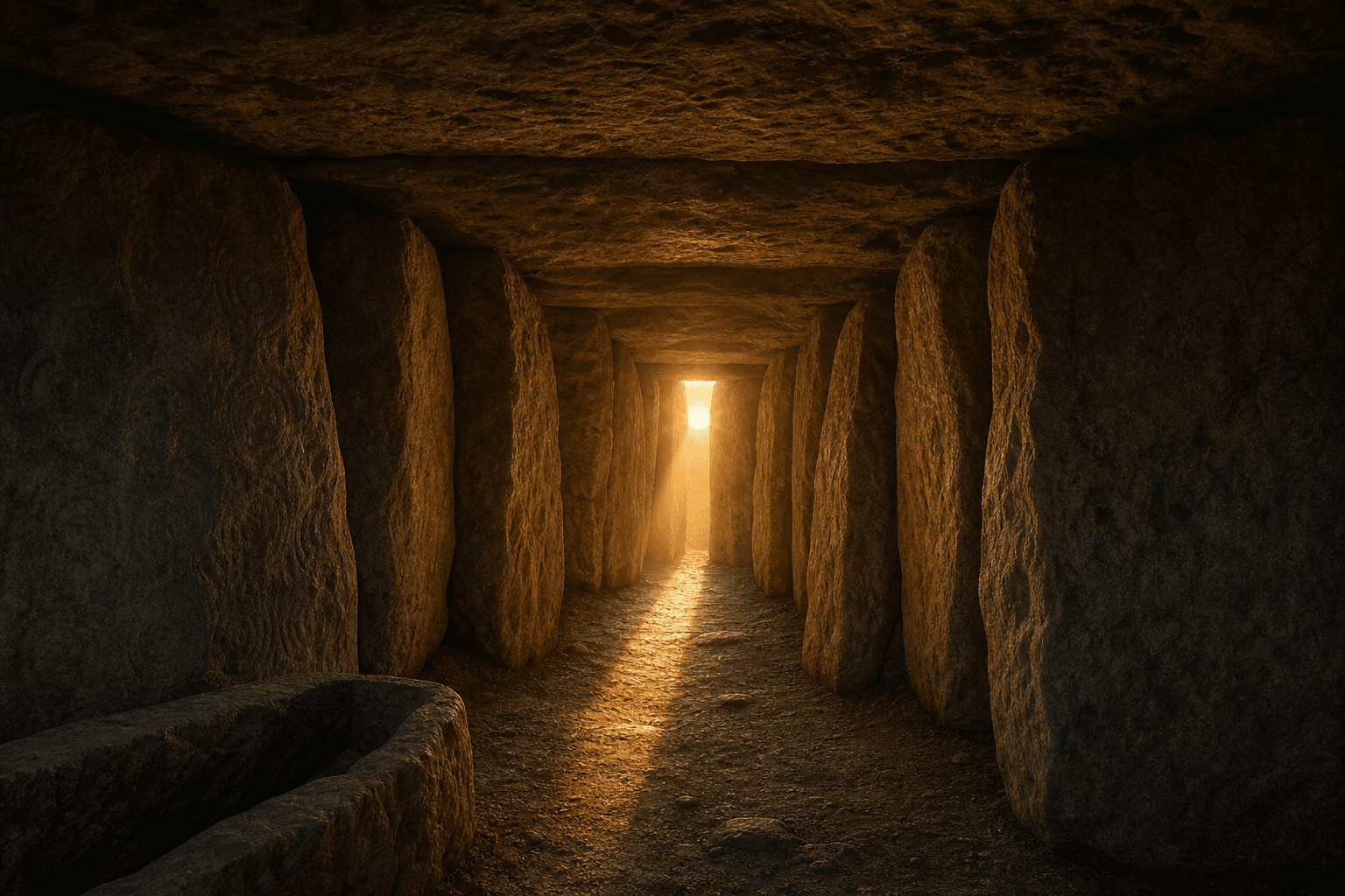 Ilustración editorial de luz solar entrando en un pasaje neolítico