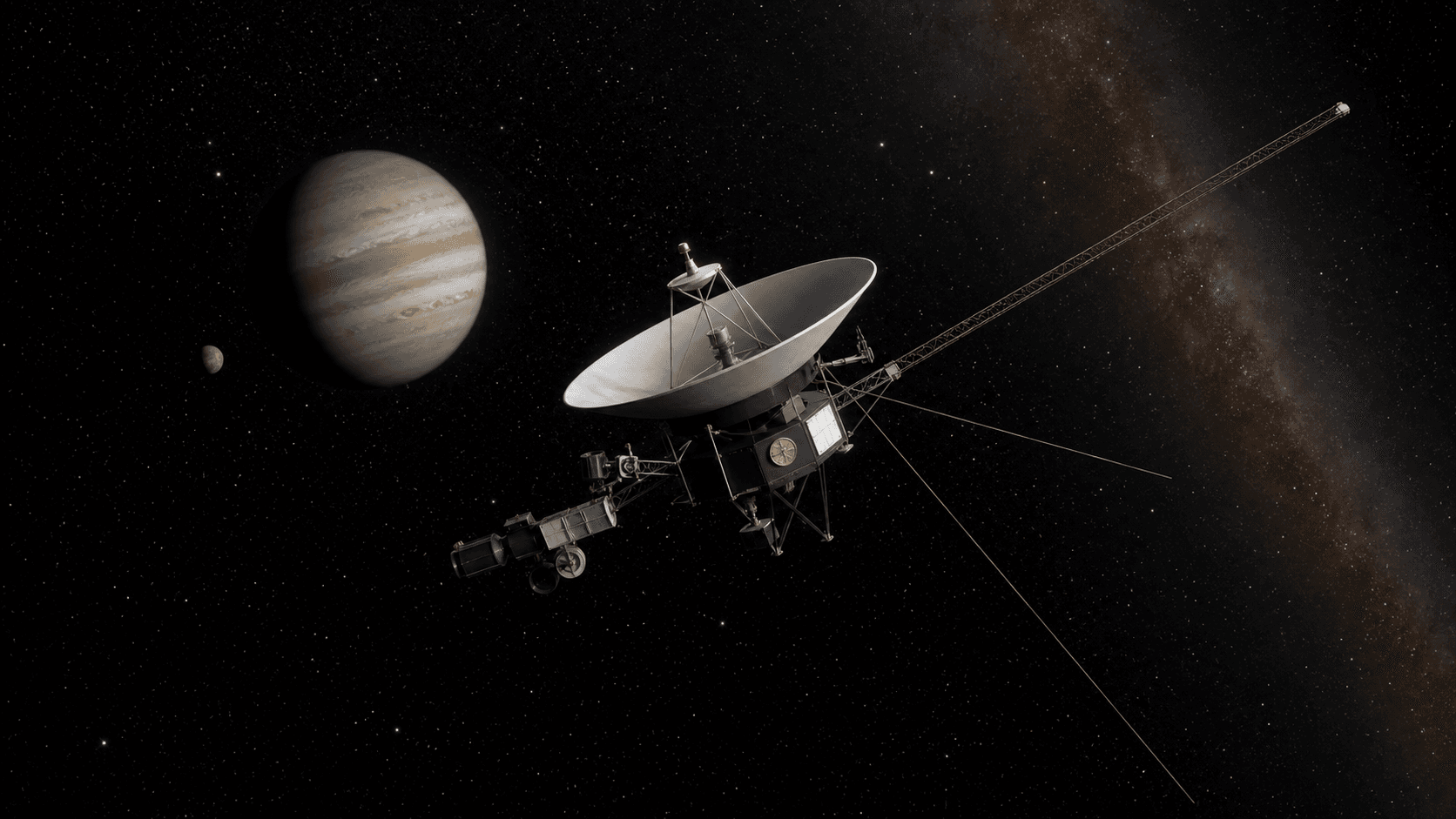 Ilustración editorial de una sonda del programa Pioneer en el espacio profundo