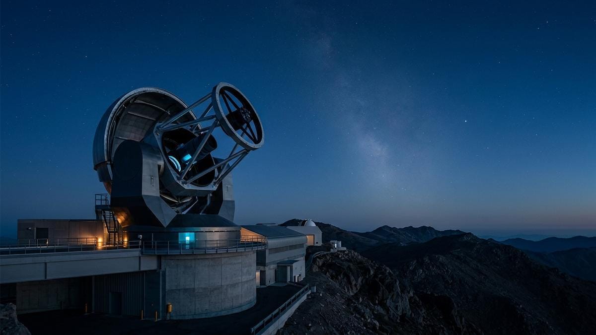 Un observatorio astronómico al atardecer bajo un cielo limpio, con un telescopio apuntando a una franja débil de luz en el horizonte.