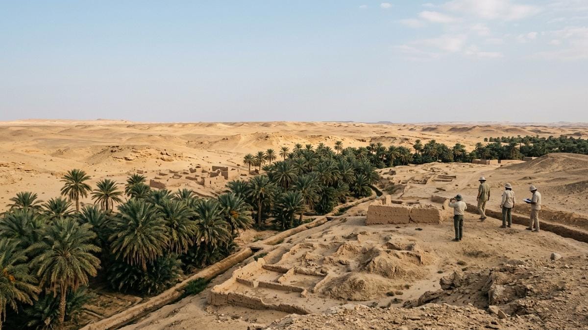 Paisaje arqueológico de un oasis de Arabia con restos de asentamiento y dunas al atardecer