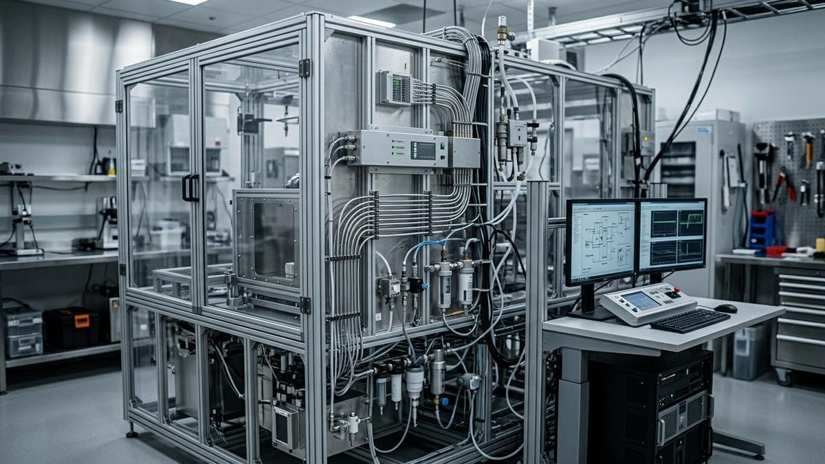 Interior técnico de un hábitat cerrado de investigación espacial con un sistema de monitoreo ambiental y módulos de alojamiento vacíos