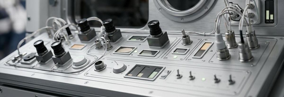 Detalle técnico de sensores y lecturas fisiológicas en un módulo de monitoreo espacial, con luz clínica y enfoque macro