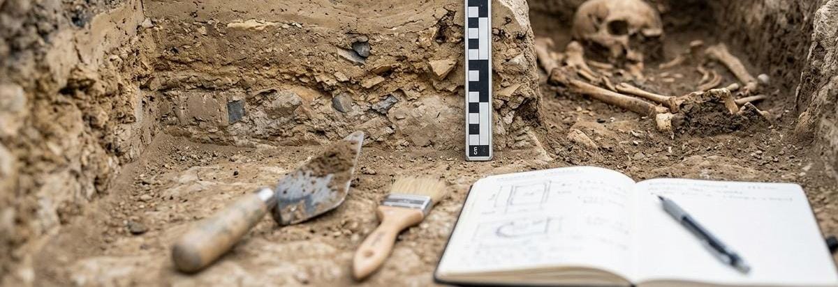 Primer plano de una tumba excavada con perfil estratigráfico, medidas arqueológicas y herramientas de documentación