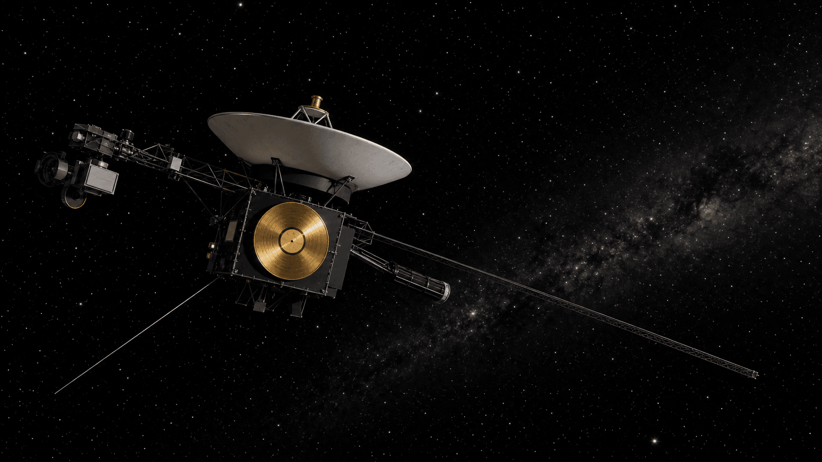 Ilustración editorial de una sonda Voyager con su disco de oro