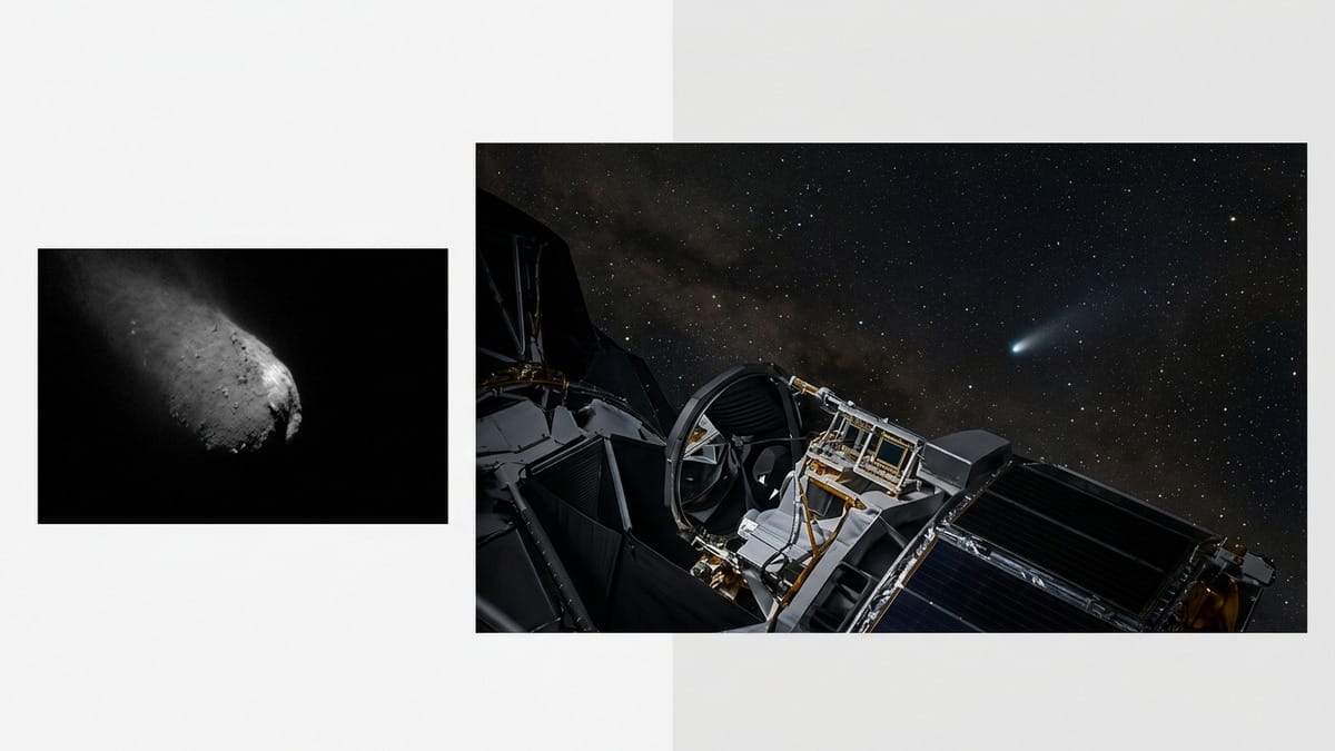 Telescopio espacial observando un cometa interestelar en un entorno de análisis científico.