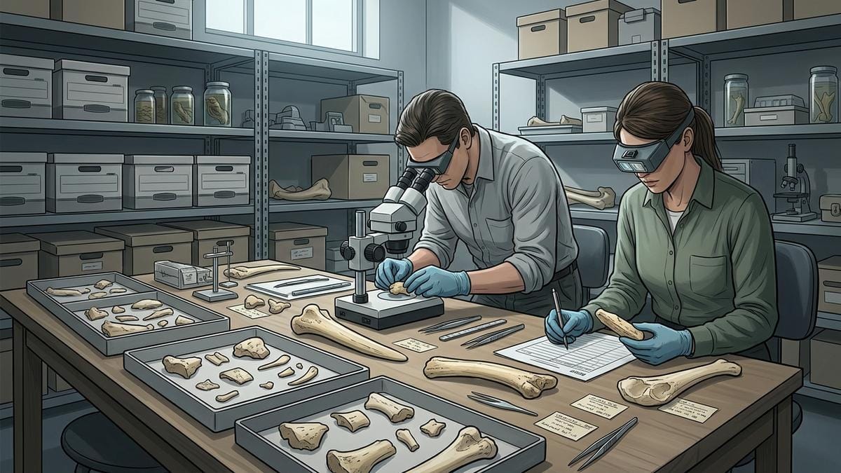 Un taller arqueológico con investigadores analizando restos de morsa y muestras antiguas en una mesa de trabajo.