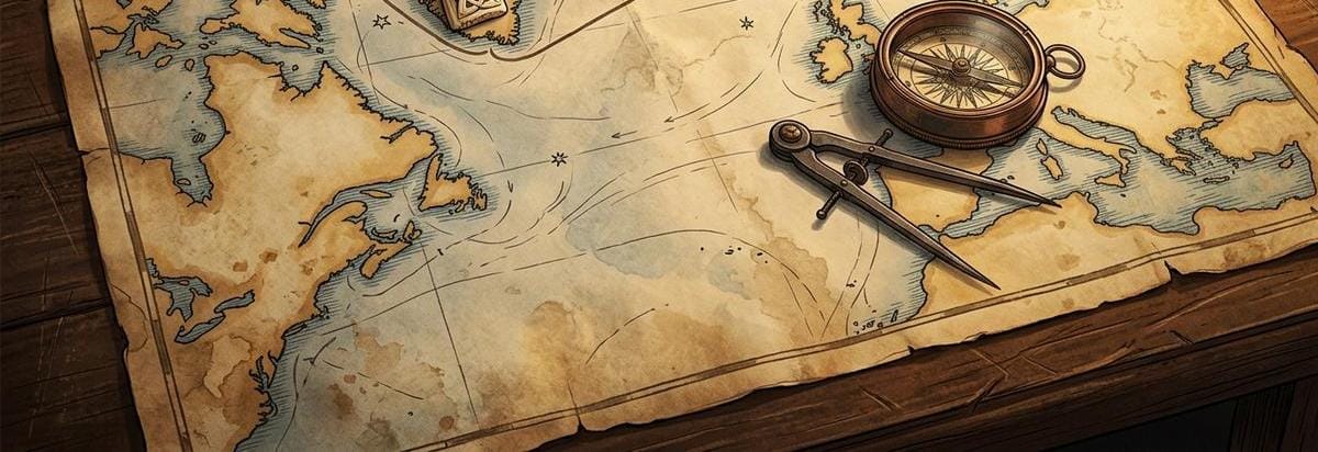 Un mapa náutico medieval del Atlántico norte con rutas de caza marcadas y una brújula sobre pergamino envejecido.