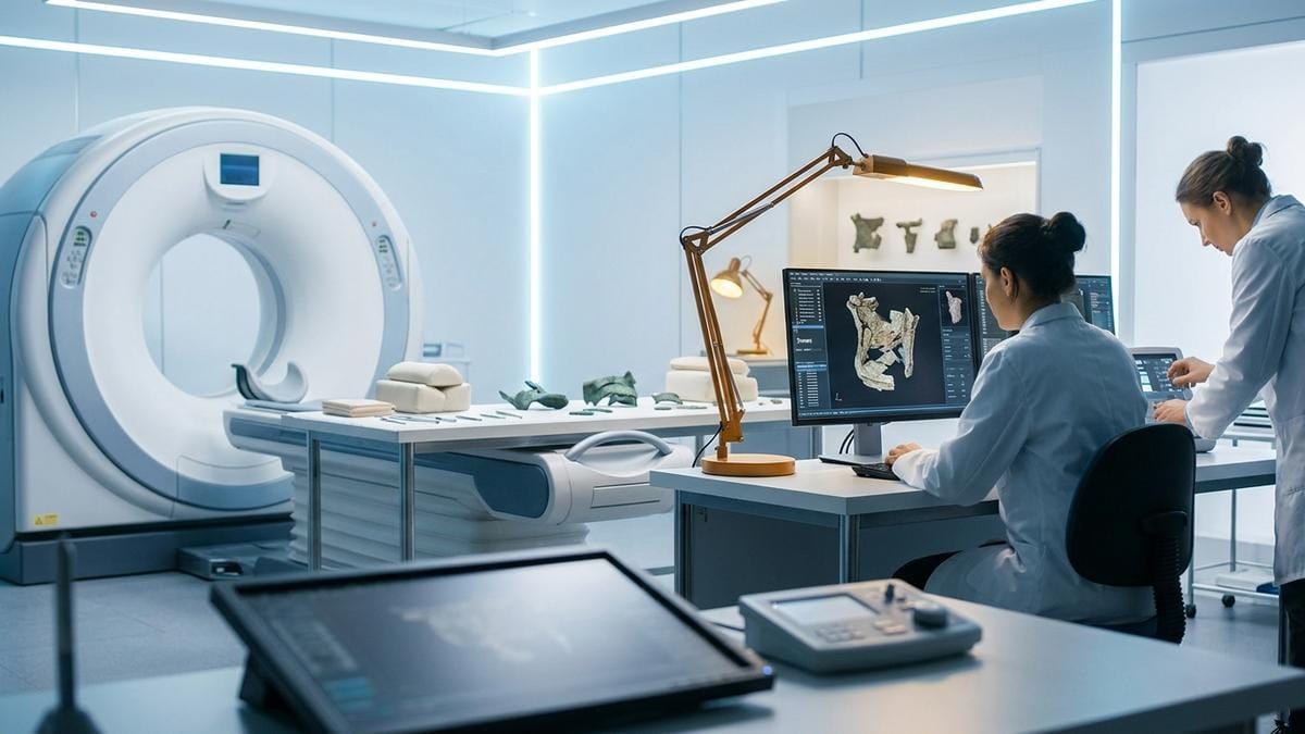 Sala de laboratorio con un equipo de tomografía analizando un fragmento arqueológico bajo pantalla de reconstrucción volumétrica