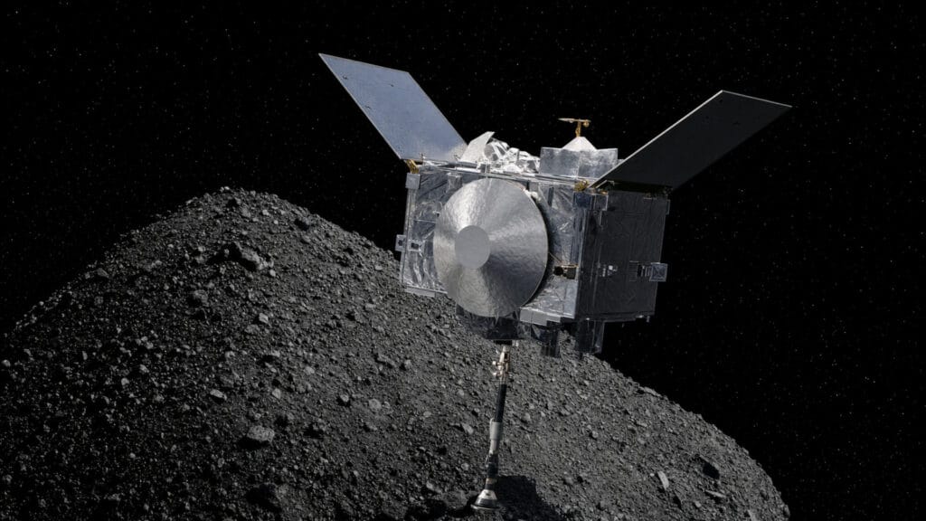 Ilustración editorial de Bennu, un asteroide pequeño y rocoso, con contexto de su cercanía a la Tierra.