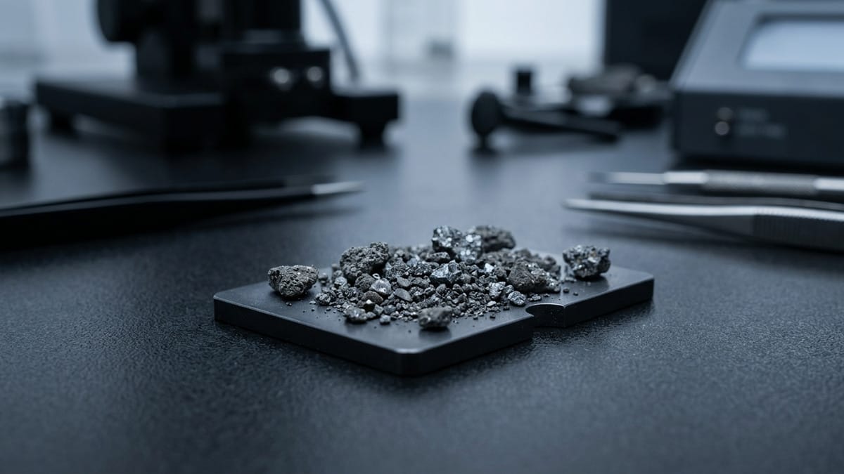 Muestra de Bennu observada en laboratorio, con granos minerales y material fino bajo análisis.
