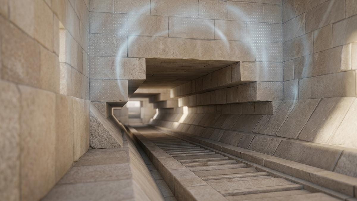 Vista interior de la Gran Galería de la pirámide de Khufu con iluminación tenue y una lectura muográfica insinuada sobre la masa de piedra