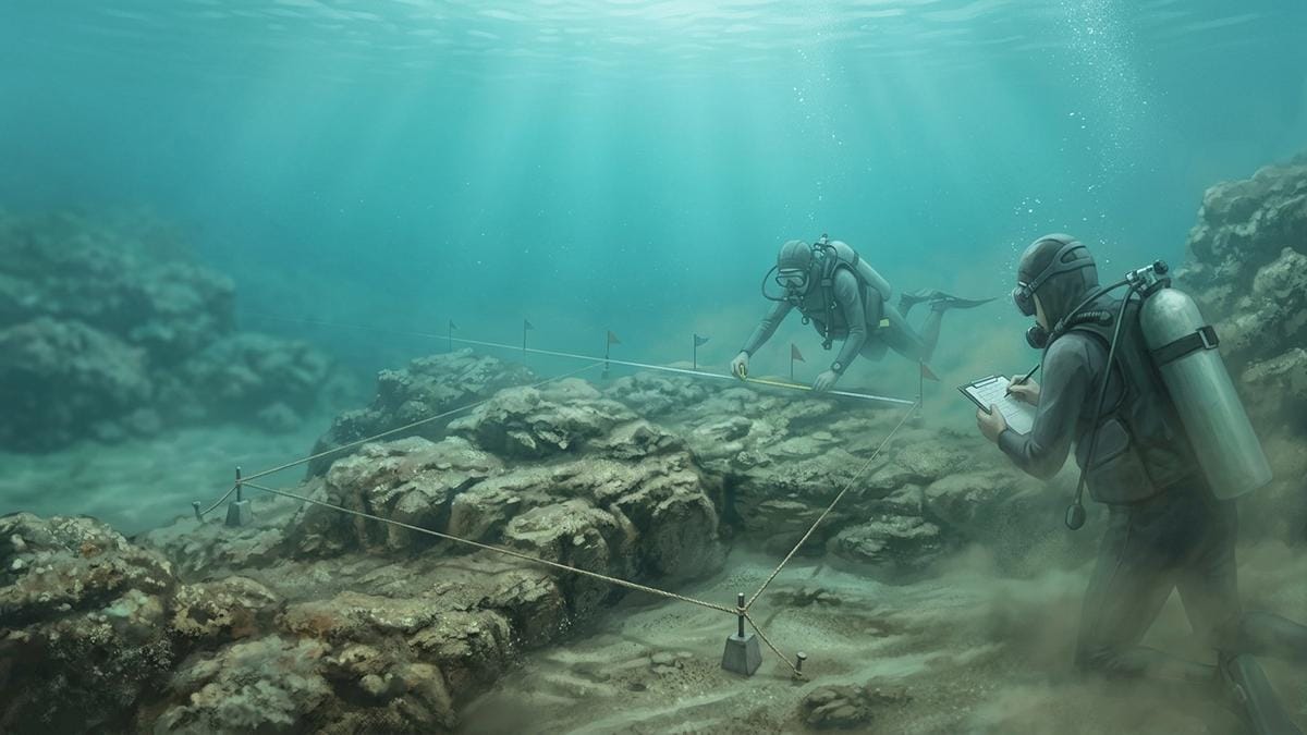Ilustración generada con IA de una escena de arqueología subacuática; no muestra la excavación real de K’akaya.