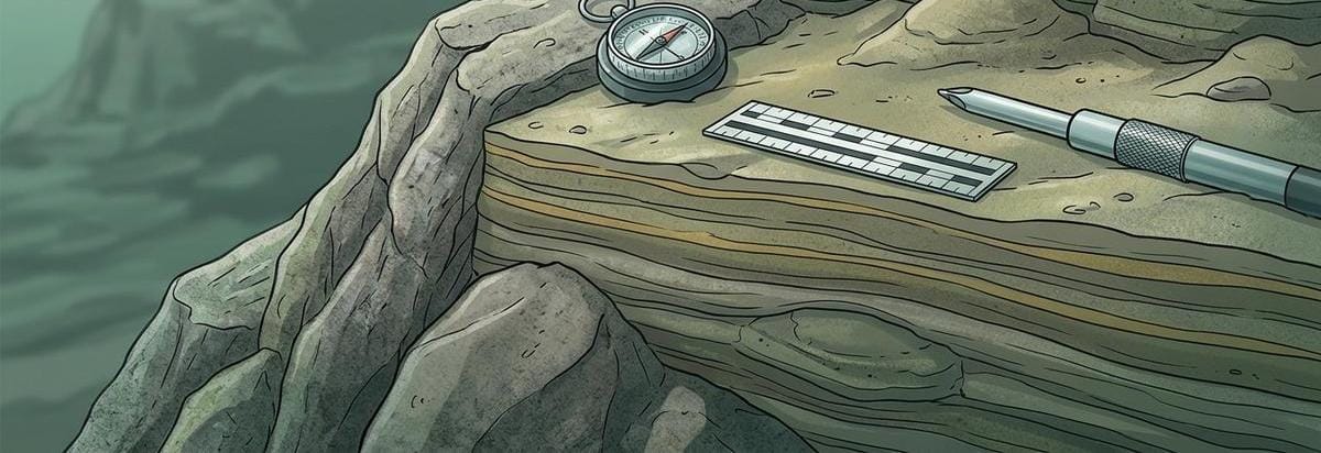 Ilustración generada con IA de instrumentos y sedimentos en un entorno lacustre; composición conceptual, no registro arqueológico.