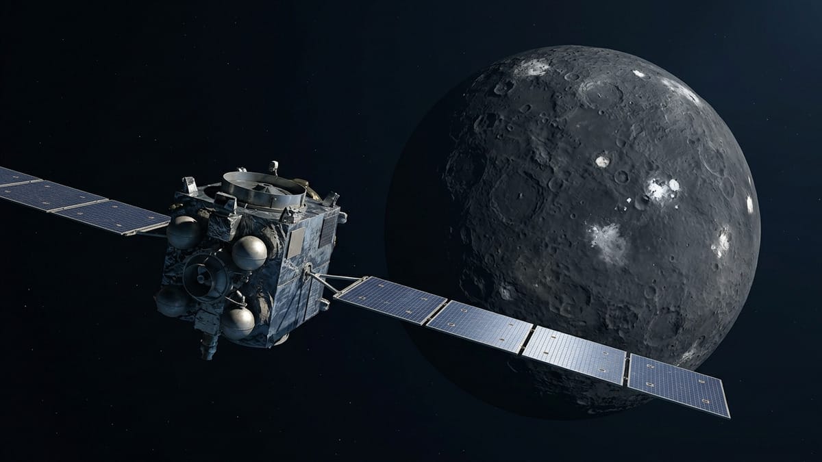 Sonda Dawn observando Ceres desde órbita, con el planeta enano y su superficie iluminada en una composición científica.