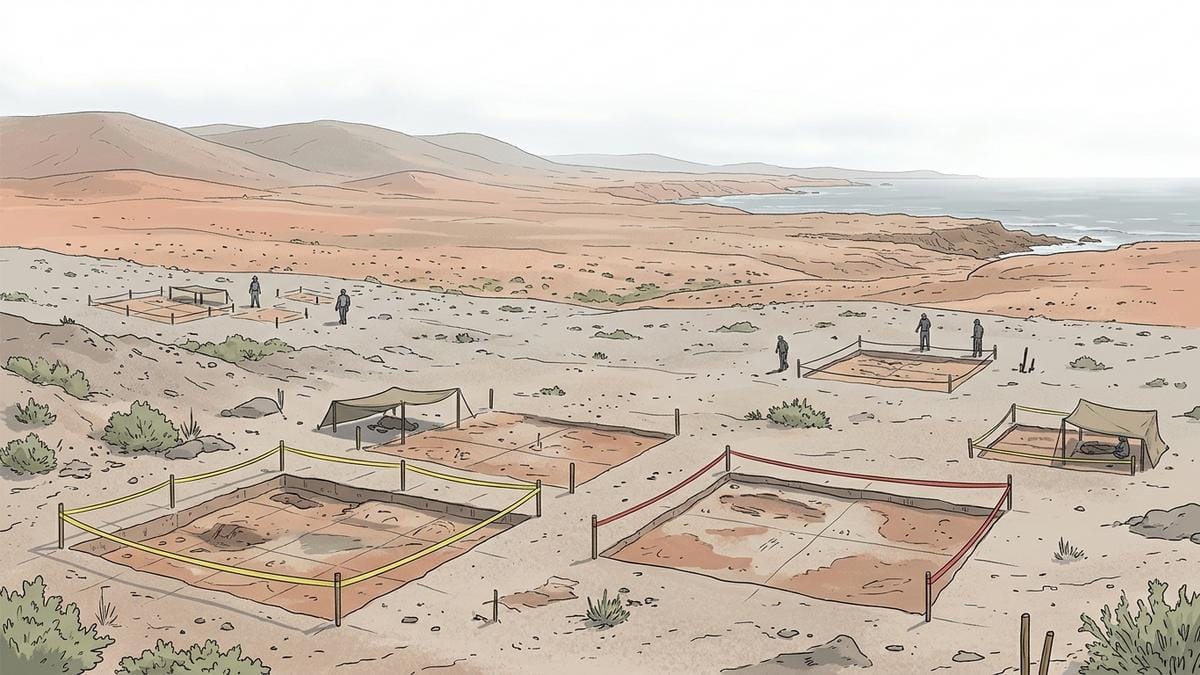 Ilustración generada con IA de un paisaje arqueológico costero y árido; no representa un cementerio Chinchorro identificado.