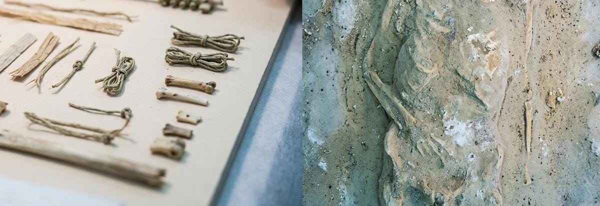 Ilustración generada con IA sobre conservación y reconstrucción corporal; las formas, fibras y restos representados son conceptuales.