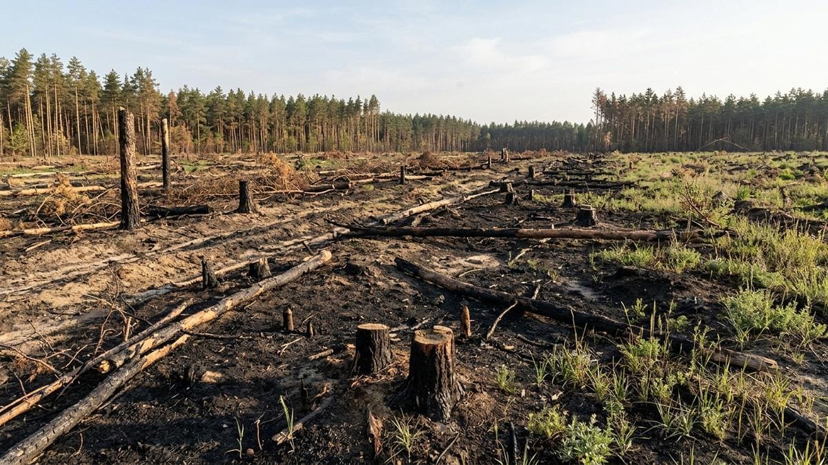 Vista de un claro forestal en el este de Ucrania con suelo ennegrecido, tocones quemados y vegetación baja recolonizando el área tras un incendio
