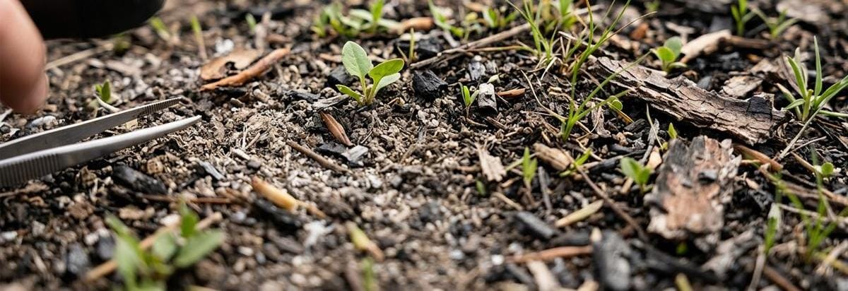 Primer plano de semillas y plántulas no nativas sobre suelo removido junto a ceniza fina y fragmentos de corteza, con una lupa de campo fuera de foco