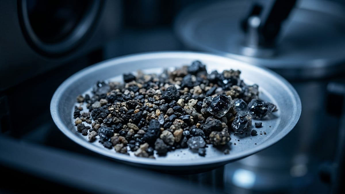 Detalle científico de granos y cristales de hielo mezclados con material orgánico en una muestra de Titán.