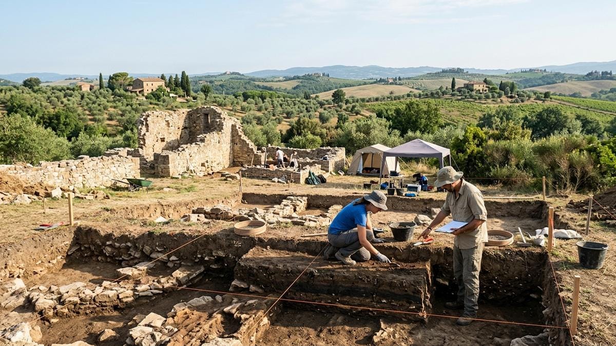 Ruinas y paisaje del centro de Italia con una zona de excavación arqueológica en primer plano y personal estudiando el terreno