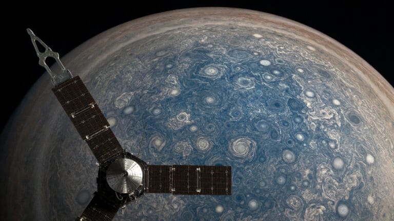 Ilustración del polo sur de Júpiter con ciclones ovalados observados por Juno.