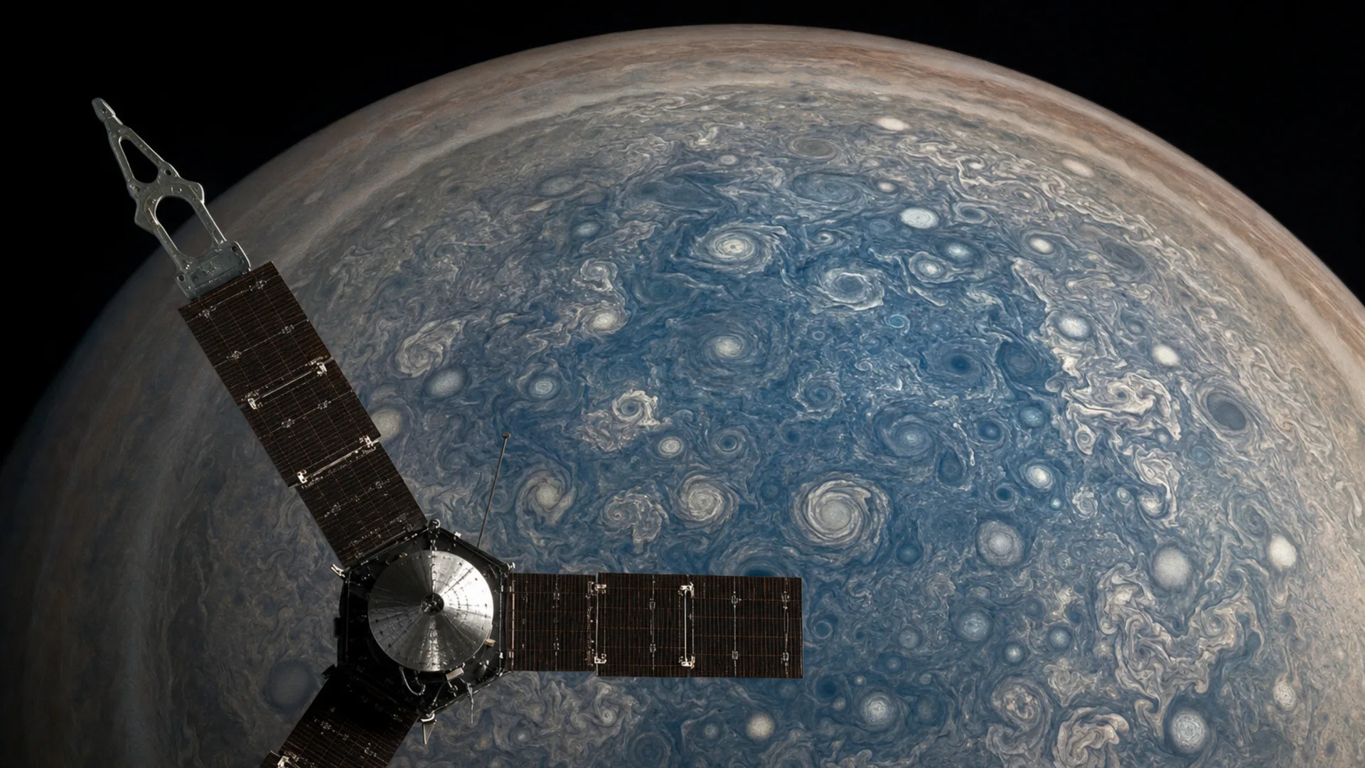 Ilustración del polo sur de Júpiter con ciclones ovalados observados por Juno.