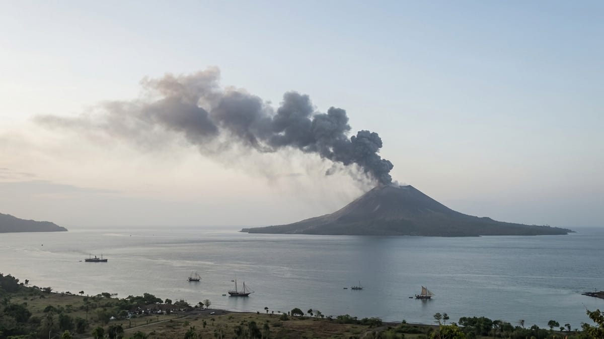 Recreación histórica con IA de una columna de ceniza sobre un volcán insular