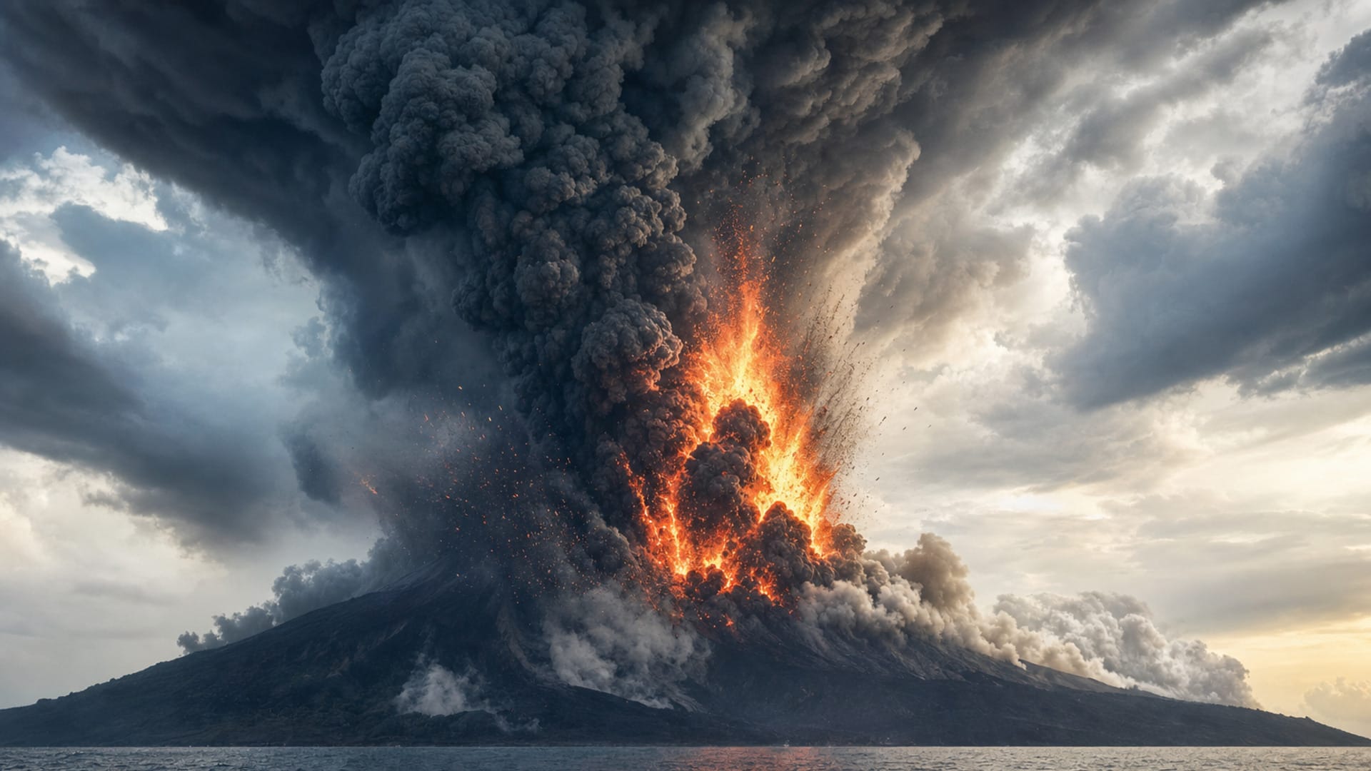 Ilustración de la erupción de Krakatoa en 1883 con columna de ceniza, barco de época y tsunami en el mar.