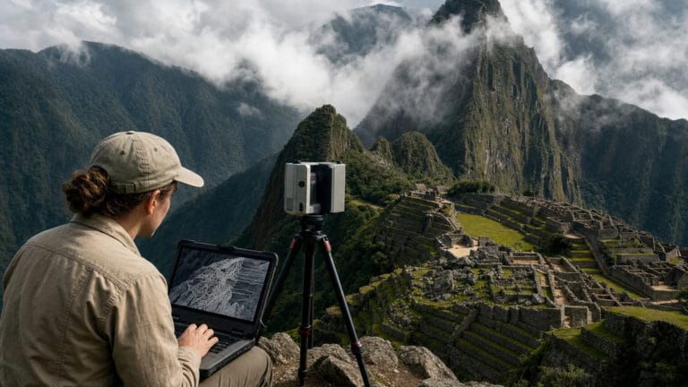Ilustración de caminos prehispánicos detectados con LiDAR en la ladera frente a Machu Picchu, junto a terrazas y plataformas cubiertas por vegetación.